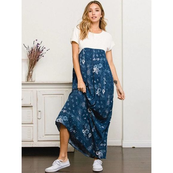 Blue Short Sleeve Floral Colorblock Maxi Dress - Picture 1 of 4